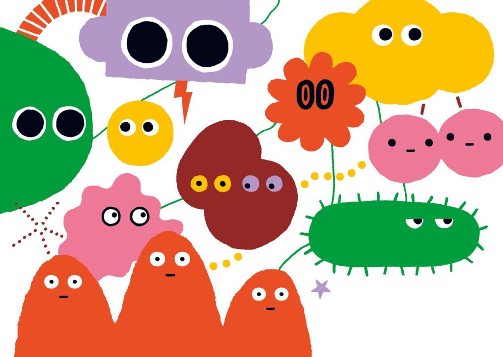 Bunte, stilisierte Monsterfiguren mit großen Augen in verschiedenen Formen und Größen, die locker verteilt sind,