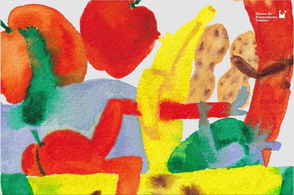 Abstrakte Aquarellmalerei die bunte Früchte in lasziven Posen zeigt. Die Malerei ist Teil des Designs zur Ausstellung Apropos Sex. Rechts oben in der Ecke ist in weiß das Museumslogo zu sehen.