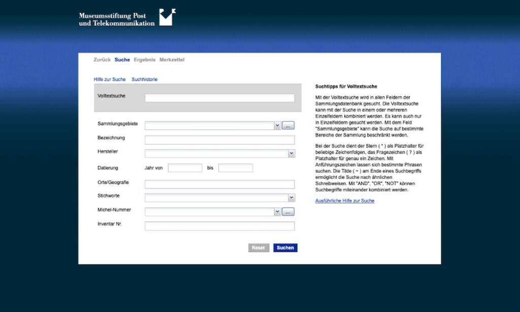 Objektdatenbank Screenshot der Website 