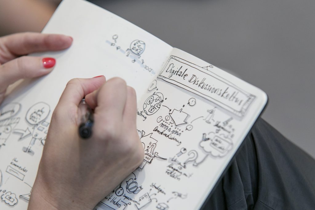 Sicht auf ein Notizbuch mit verschiedenen gezeichneten Inhalten. Eine Person hält einen Stift in ihrer rechten Hand und zeichnet etwas hinein.