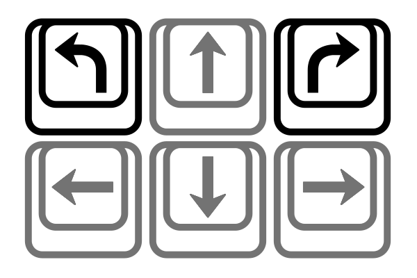Abbilung einer schwarz-weißen Tastatur mit Pfeilen die nach links, nach vorne, nach hinten, nach links um eine Kurve, nach rechts um eine Kurve und nach rechts zeigen. Die Pfeile, die um eine Kurve gehen sind in einer schwarzen Farbe.