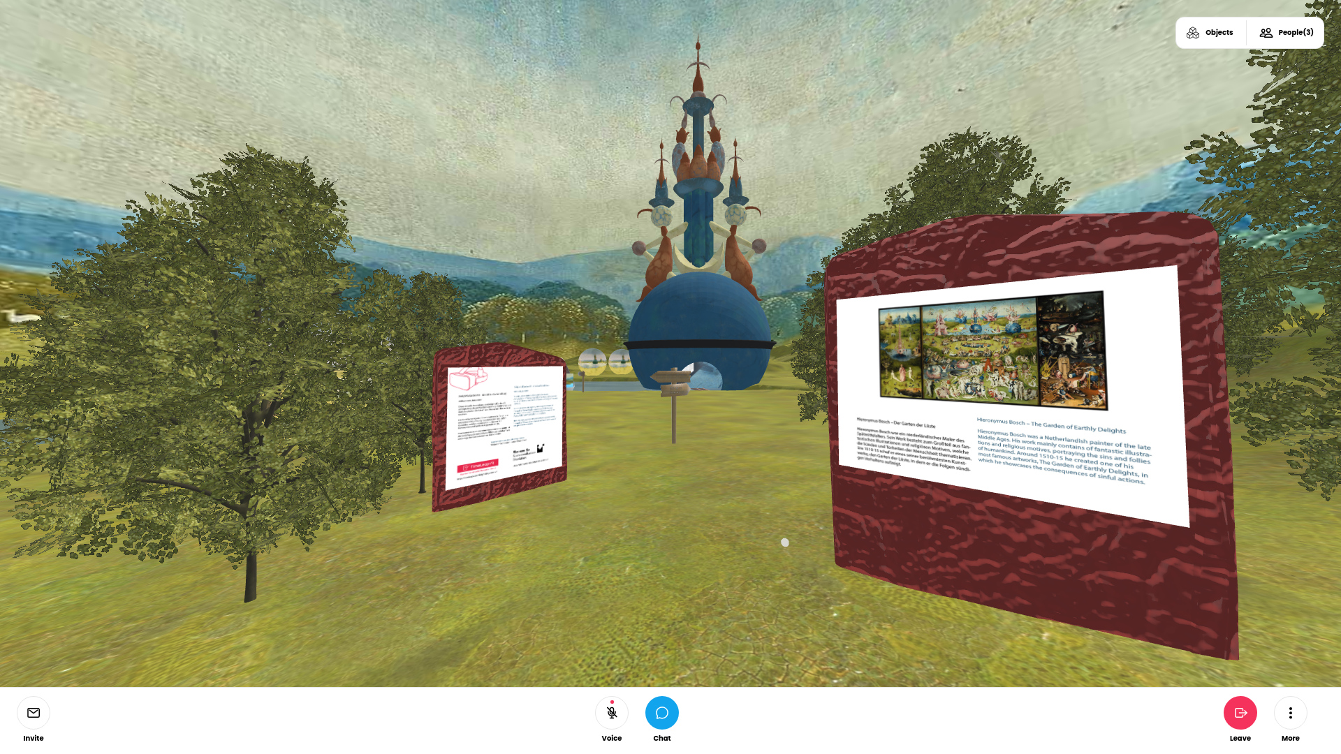 Virtuelle Ausstellungsansicht in den "Garten der Lüste" von Hieronymus Bosch. Zwei Wände zeigen Text und Bild  der Ausstellung.