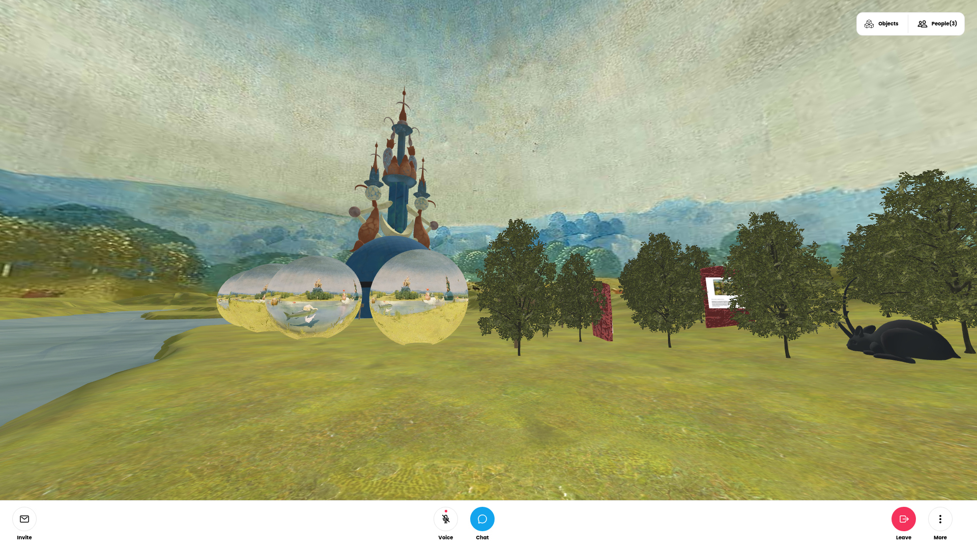 Virtuelle Ausstellungsansicht in den "Garten der Lüste" von Hieronymus Bosch. Es sind vier kugelartige Reflektionen der Welt im Hintergrund.